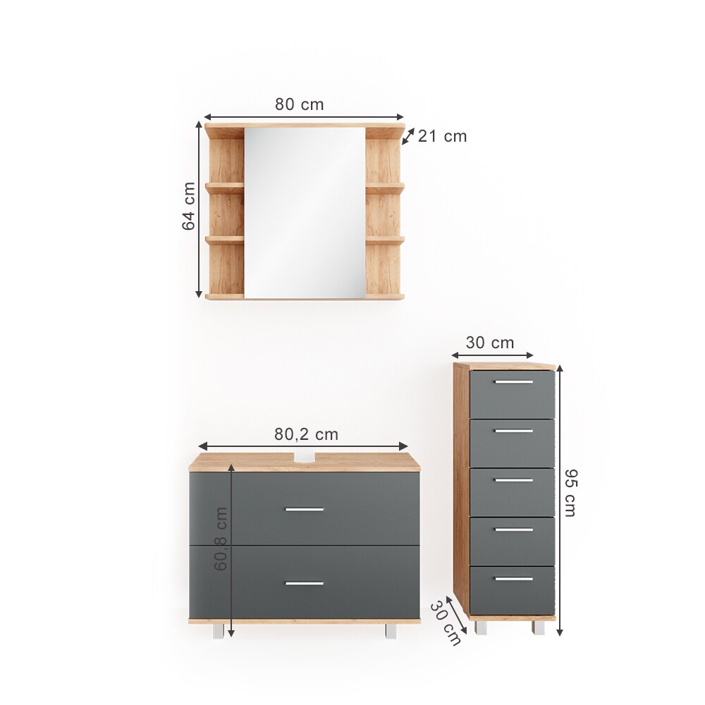 VICCO Badmöbel Set ILIAS Eiche Anthrazit Spiegel Kommode Unterschrank Badschrank
