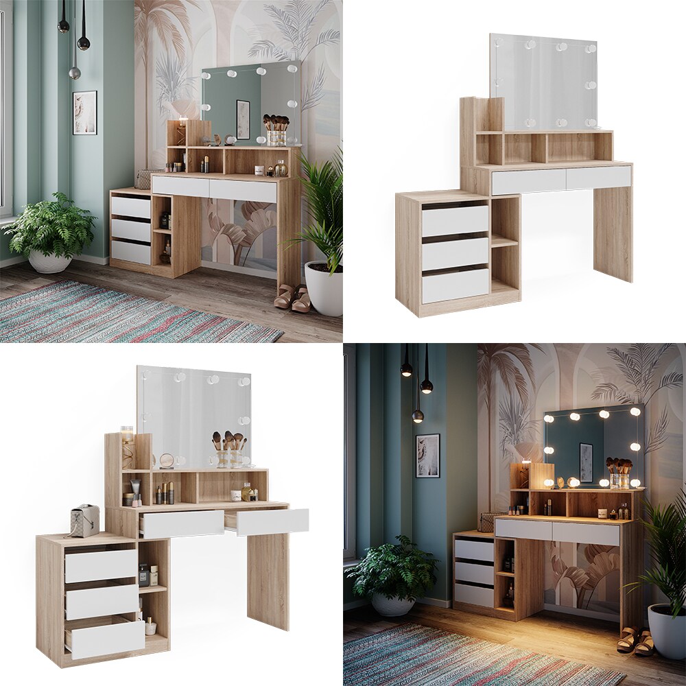 Vicco Schminktisch Anja 139,8 x 115 cm Sonoma Weiß Spiegel LED Frisiertisch