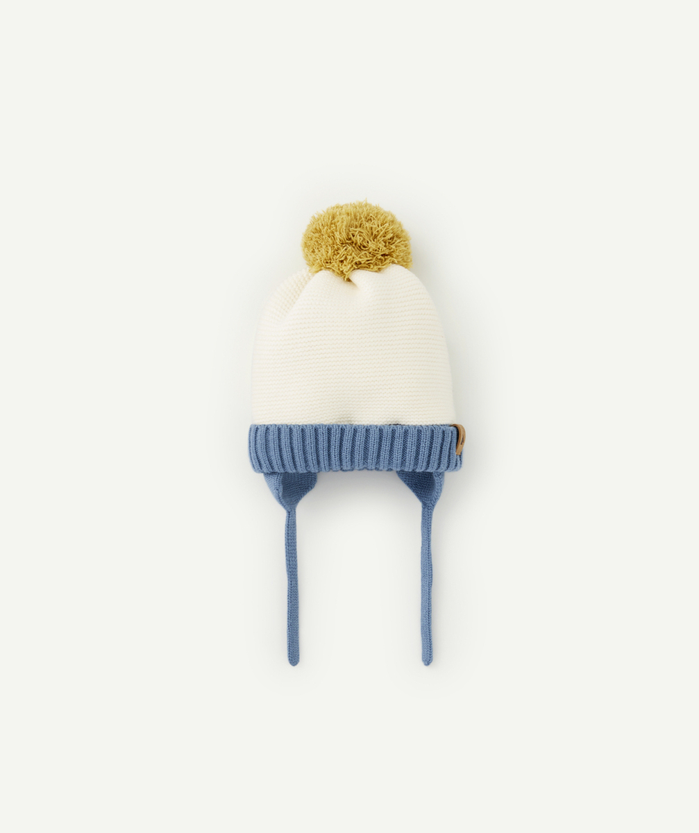 BONNET BÉBÉ GARÇON AVEC POMPON JAUNE ÉCRU ET BLEU