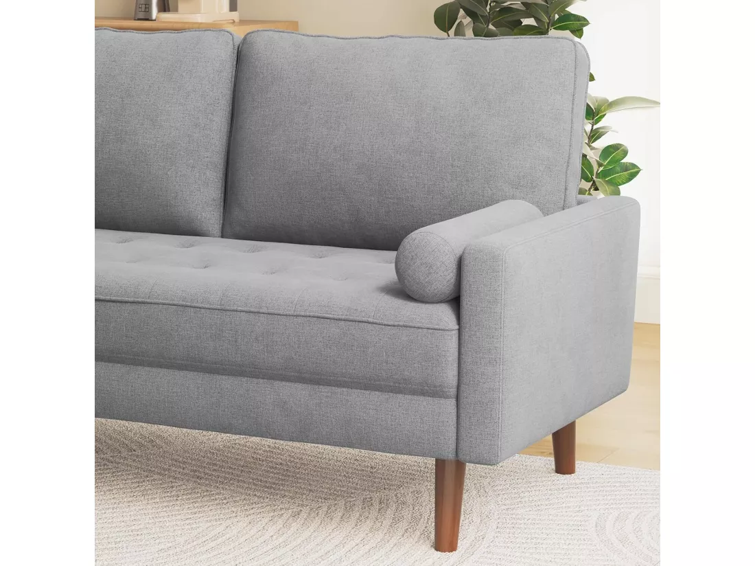 Canapé 3 places en tissu Lin gris - Scandinave - avec 2 Oreillers et Accoudoirs - Pieds bois massif - 173x77x84cm
