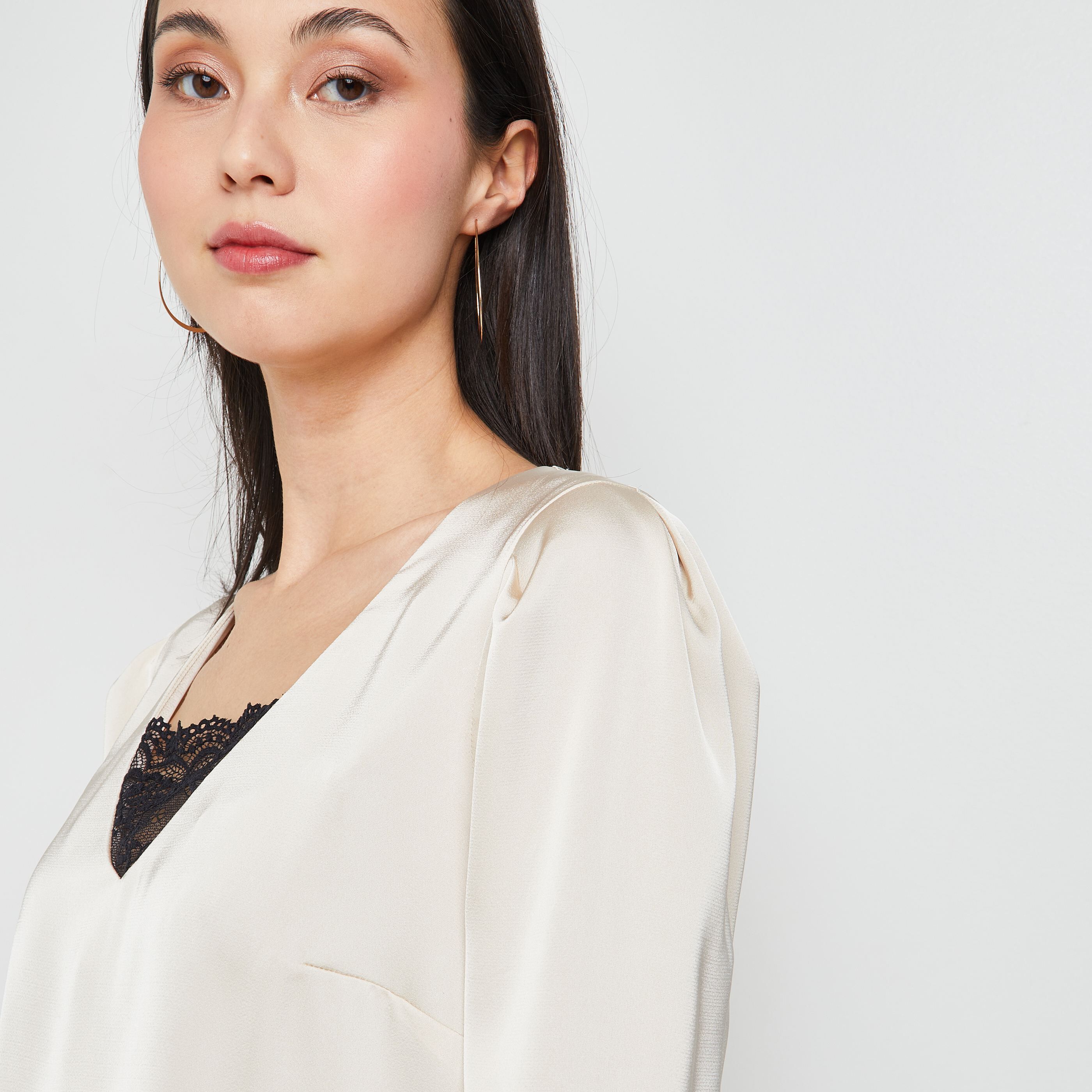Top satin et dentelle femme - BEIGE