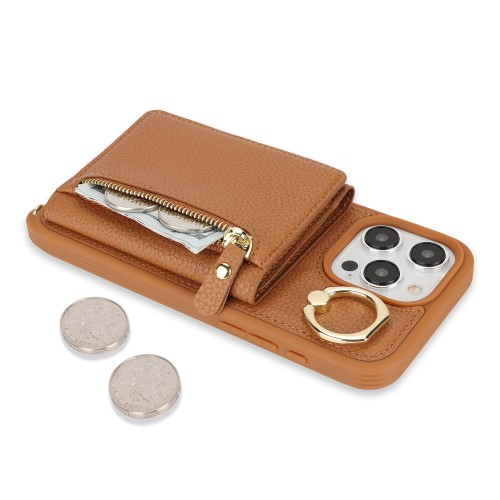 iPhone 14 Pro Necklace Leder Hülle mit Münzfach und Kartenfächer   Finger Griff Halterung   Handykette - Braun