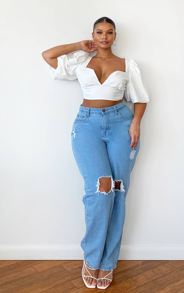 Blanc Haut Court Structuré Grande Taille À Manches Bouffantes Tissées