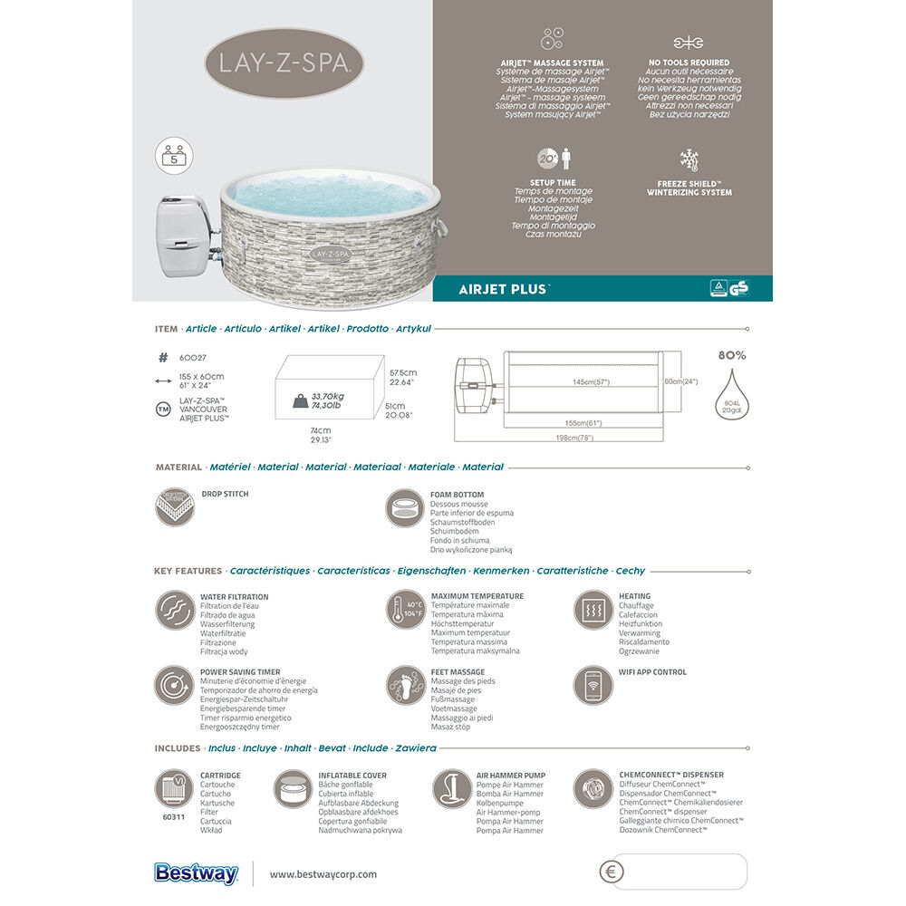 Spa gonflable rond Lay-Z-Spa® Vancouver Airjet Plus™ Bestway 3/5pers