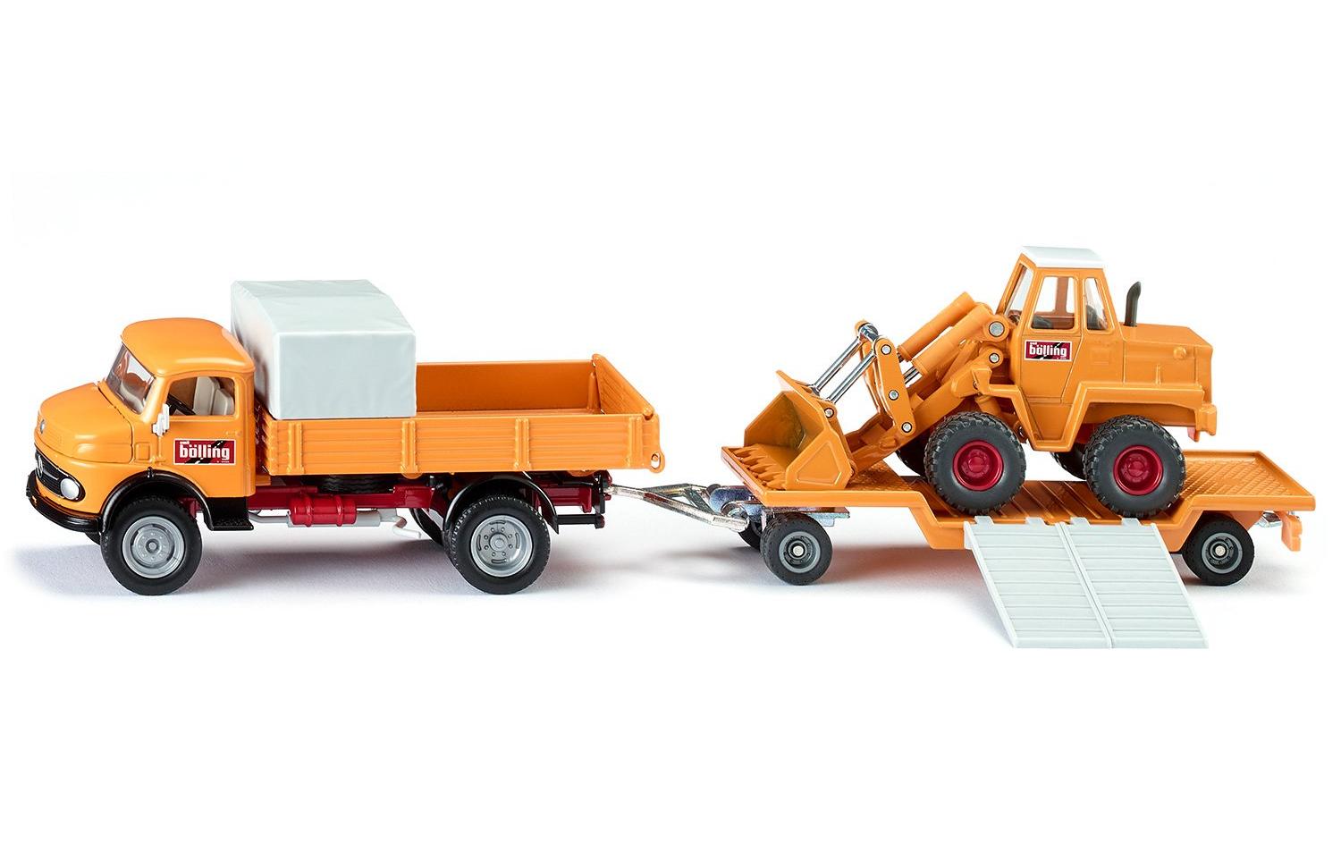 Mercedes-Benz 710 mit Kramer 411 Radlader, Bölling, 1:50Siku Super Lastwagen mit Anhänger und Bagger
