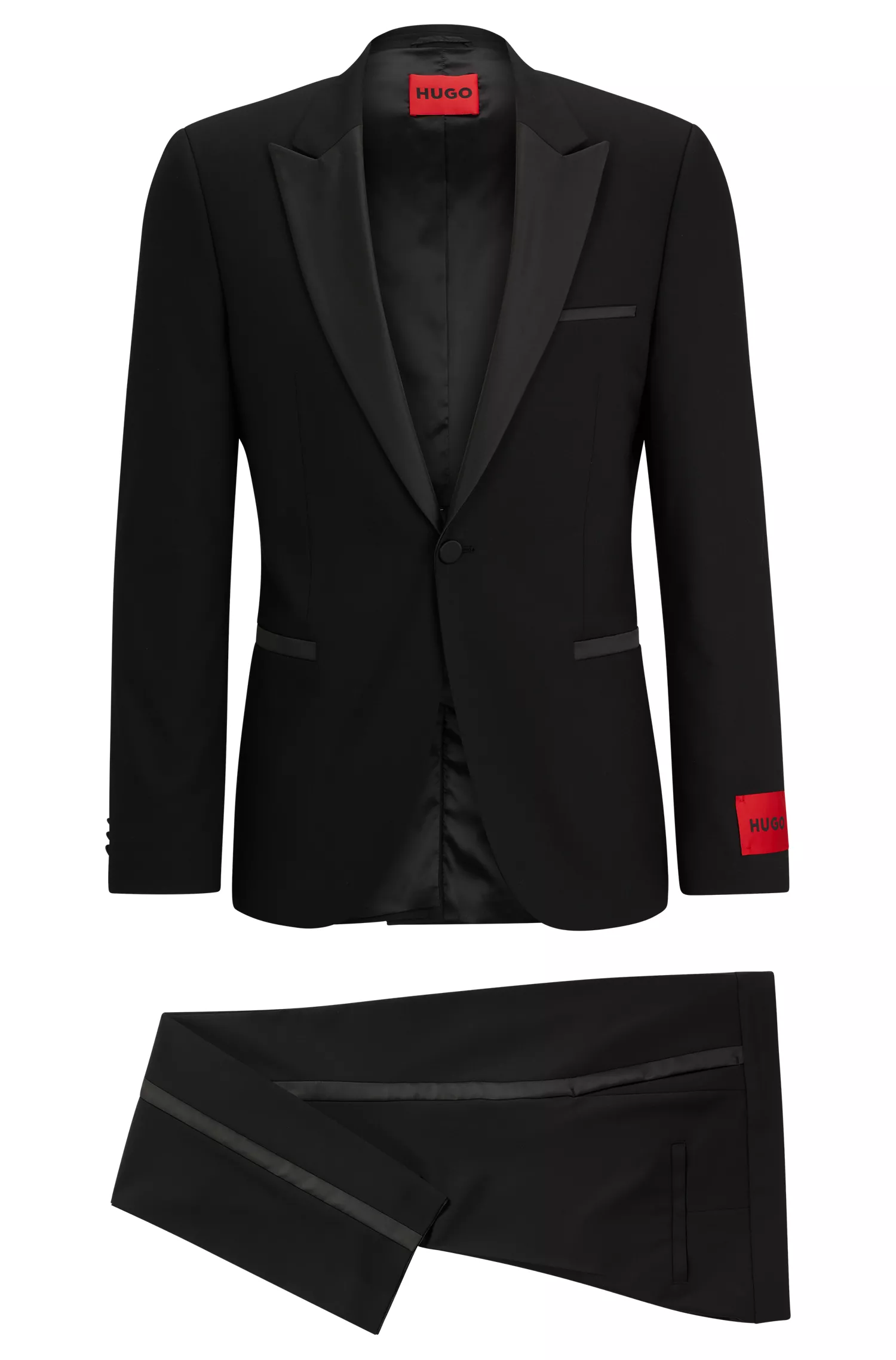 Terno HUGO vermelho, corte extra slim com detalhes em cetim.