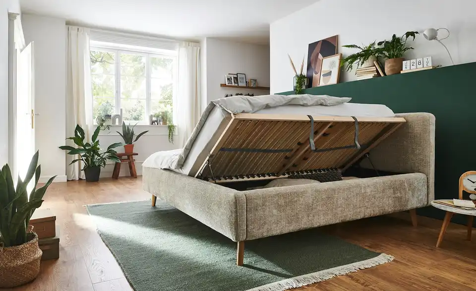 Polsterbettgestell Mattis Beige Bouclé 140 cm mit Bettkasten