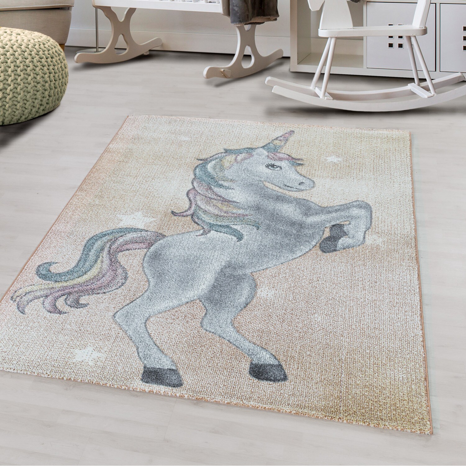 Kinderteppich Kurzflor, Modern Einhorn Design, Rechteckig, Pflegeleicht