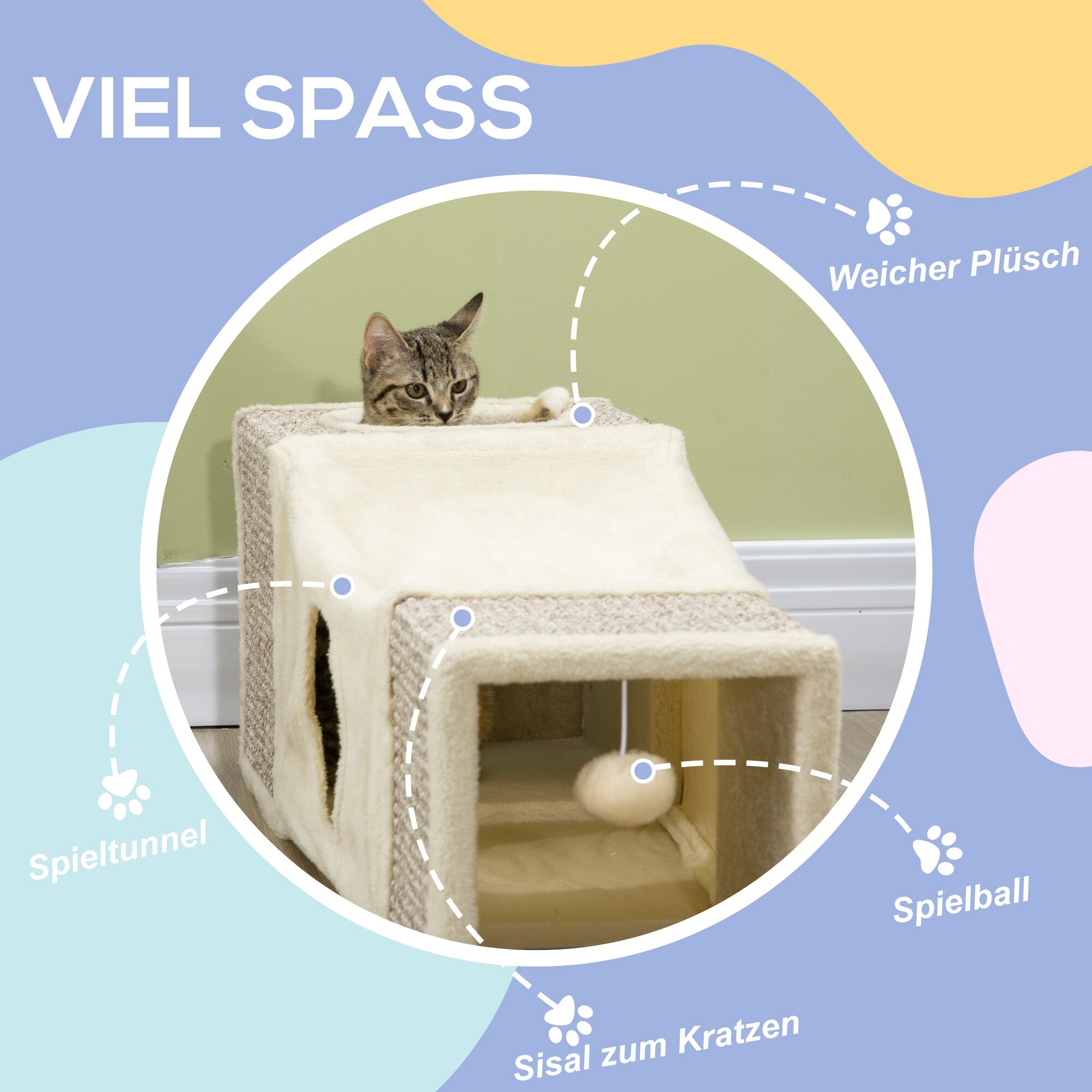 PawHut Katzentunnel mit Spielball grau, natur 98L x 30B x 30H cm