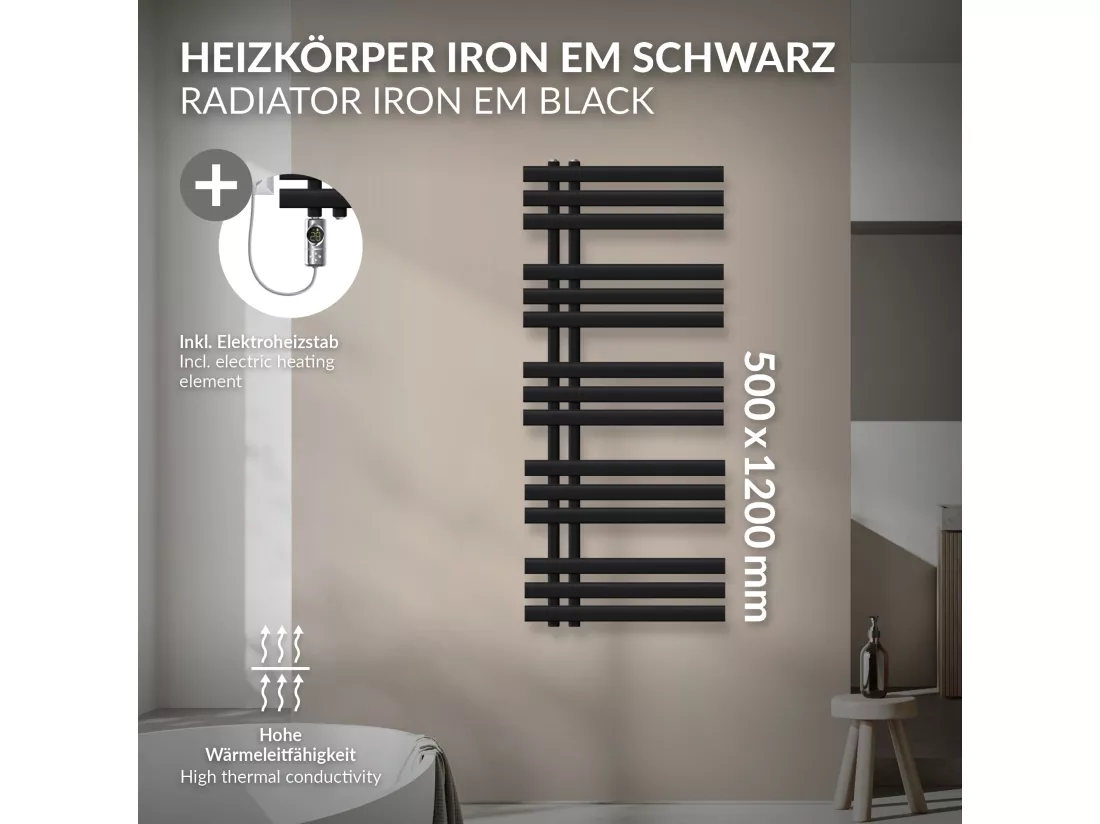 Radiateur de salle de bain acier noir mat 50x120cm avec élément chauffant 1200W