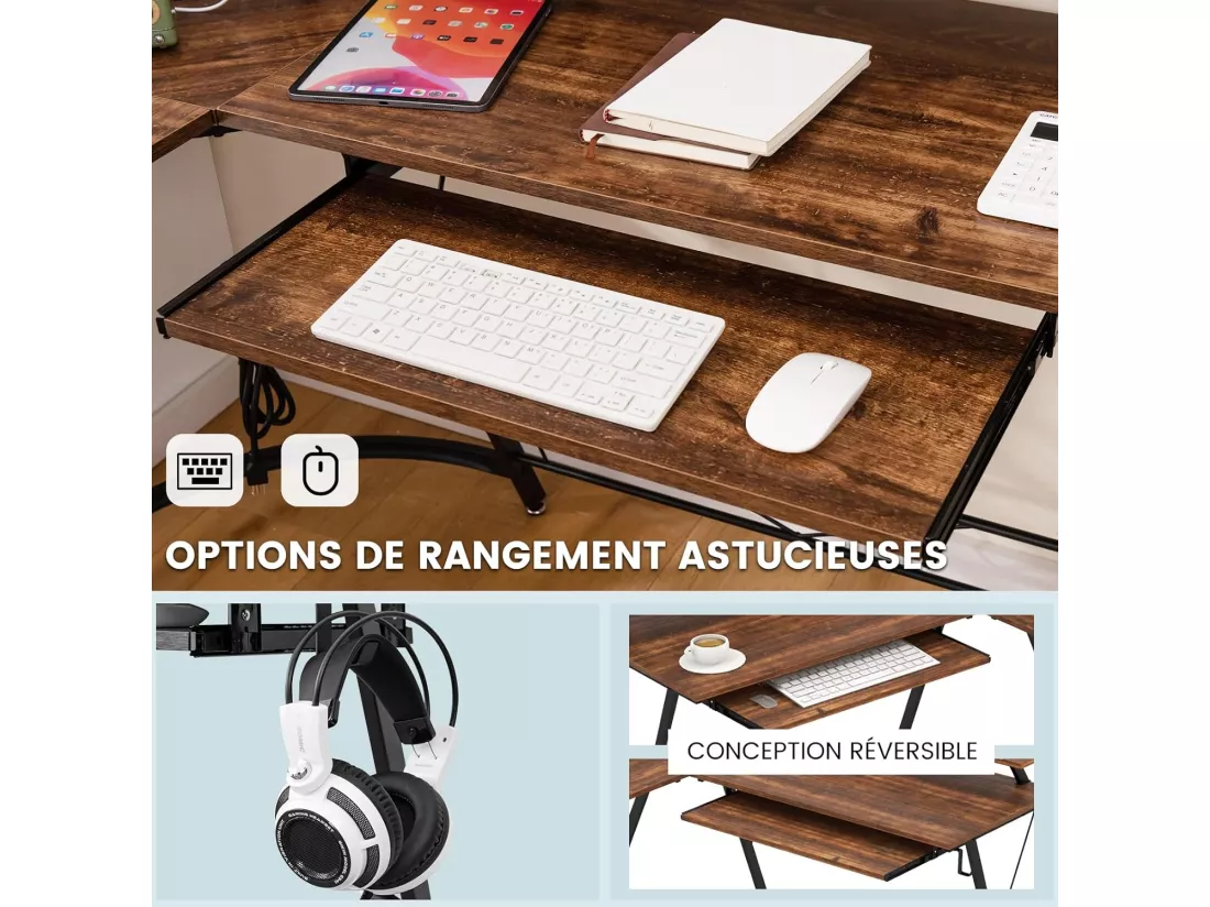 Bureau d'angle 130 x 130 cm, Bureau d'Ordinateur en Forme de L avec Long Support de Moniteur, Plateau à Clavier, Table Informatique avec 2 Prises de Courant & 2 USB (Marron Rustique)