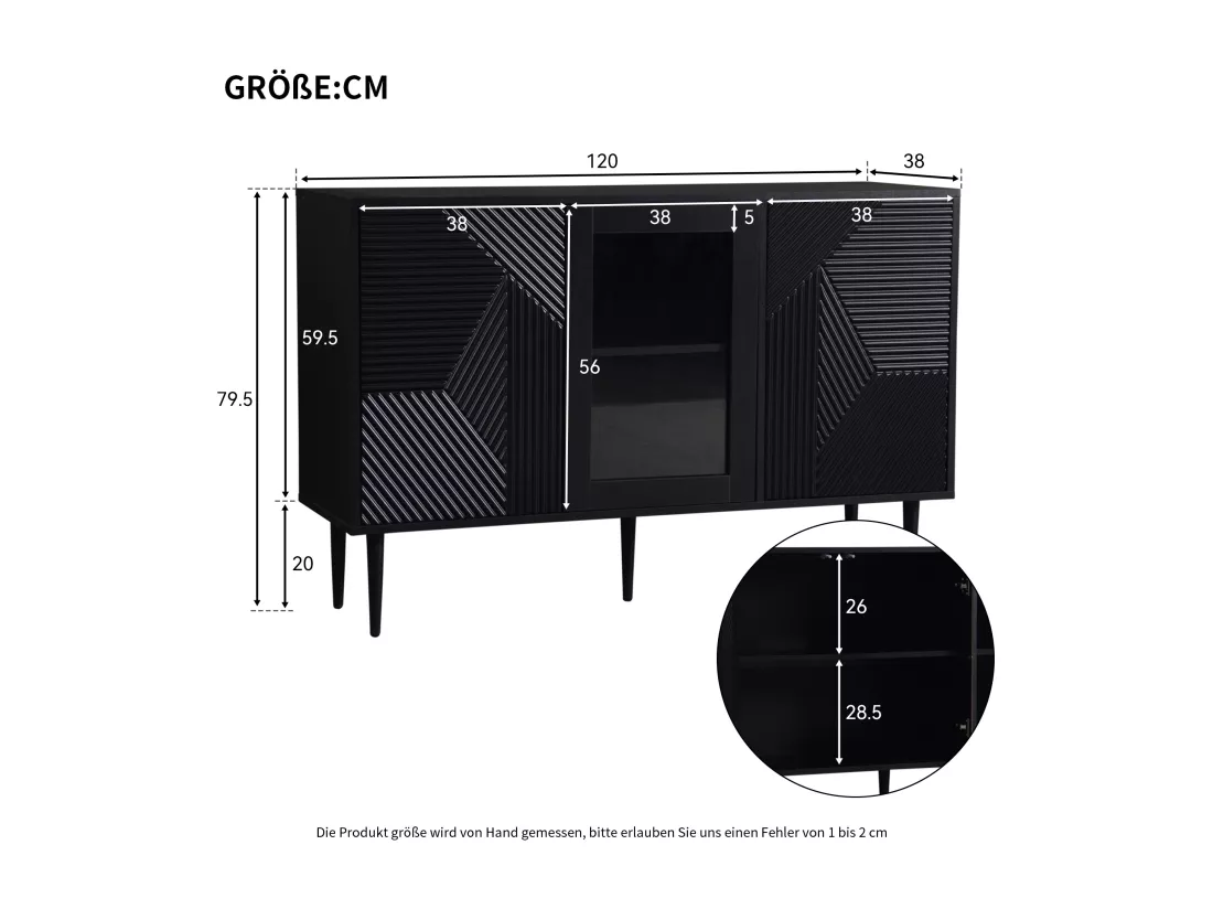 Buffet 120x38x79,5cm - avec 3 portes - avec pieds en métal + portes vitrées - noir