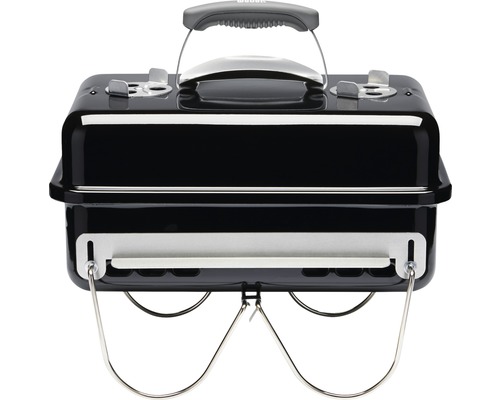 Weber Go Anywhere houtskoolbarbecue, 53 x 31 cm, zwarte geëmailleerde kuip en deksel inclusief aluminium ventilator, dekselgreep met hitteschild, opvouwbare poten van gecoat staal, grillrooster van gecoat staal, houtskoolrooster