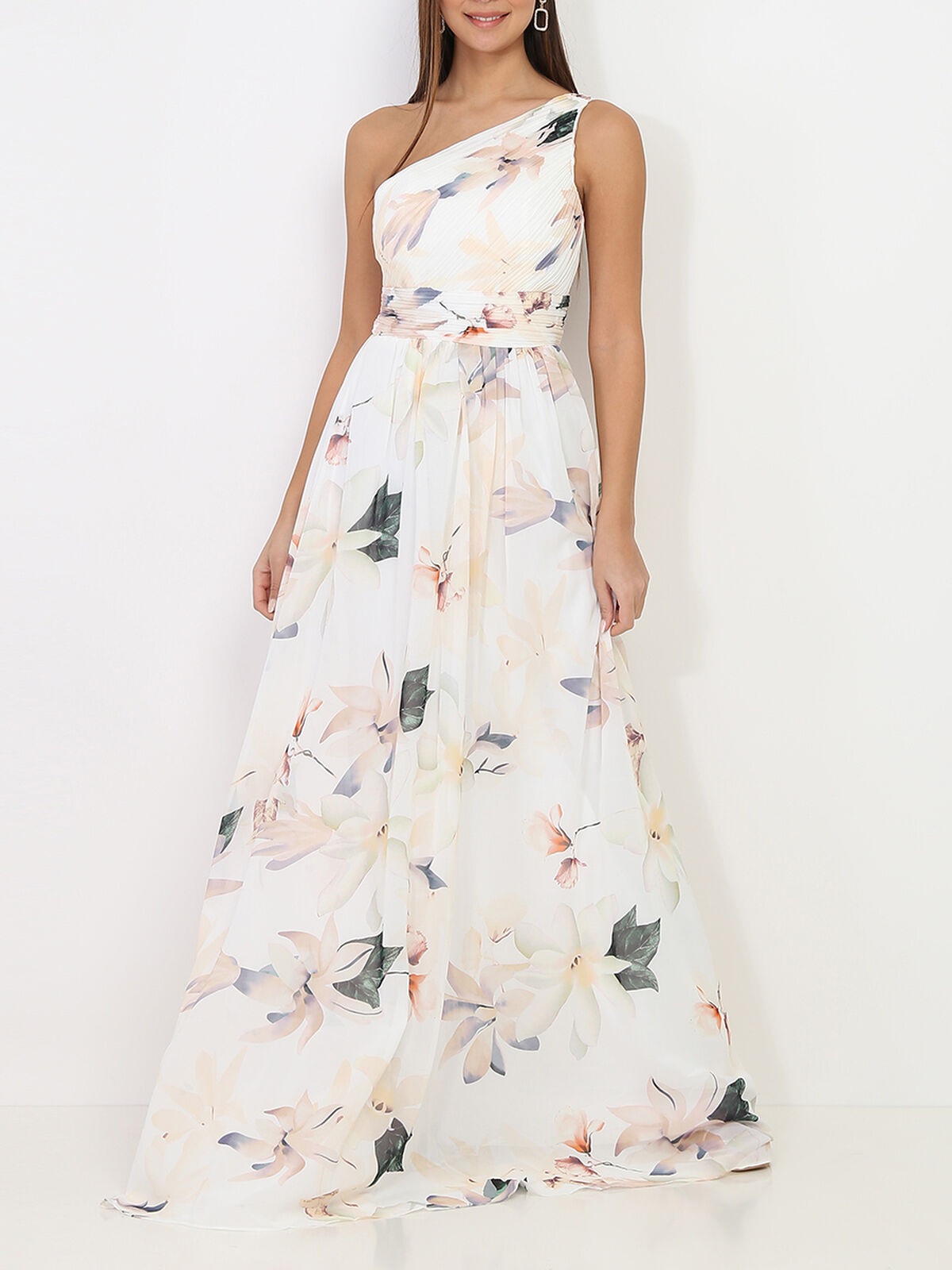 Robe longue asymétrique à fleurs de lys- Blanc