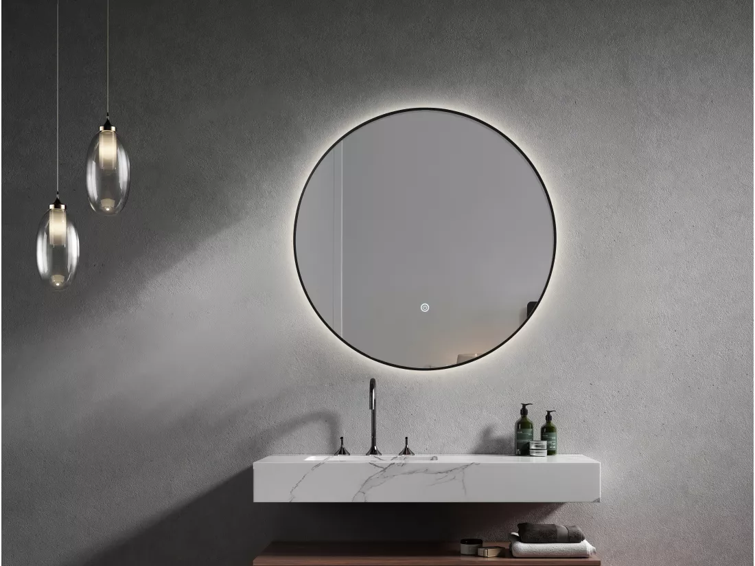 LuxuryBain- Miroir de salle de bain LED à luminosité variable 80cm rond avec cadre en aluminium noir