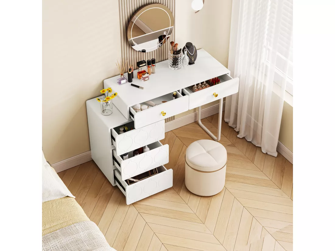 Coiffeuse avec 5 tiroirs et une porte - Sans miroir - 90 x 40 x 73,5 cm - Bois MDF - Blanc