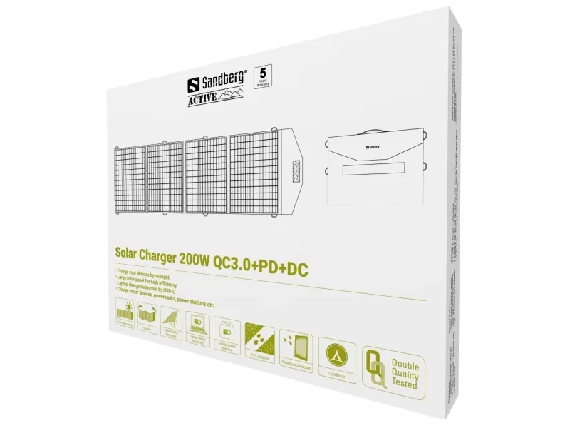 Sandberg Active - Sollader - QC3.0 PD DC - 200 Watt - 4 output-stikforbindelser (2 x USB, 24 pin USB-C, power DC jack)