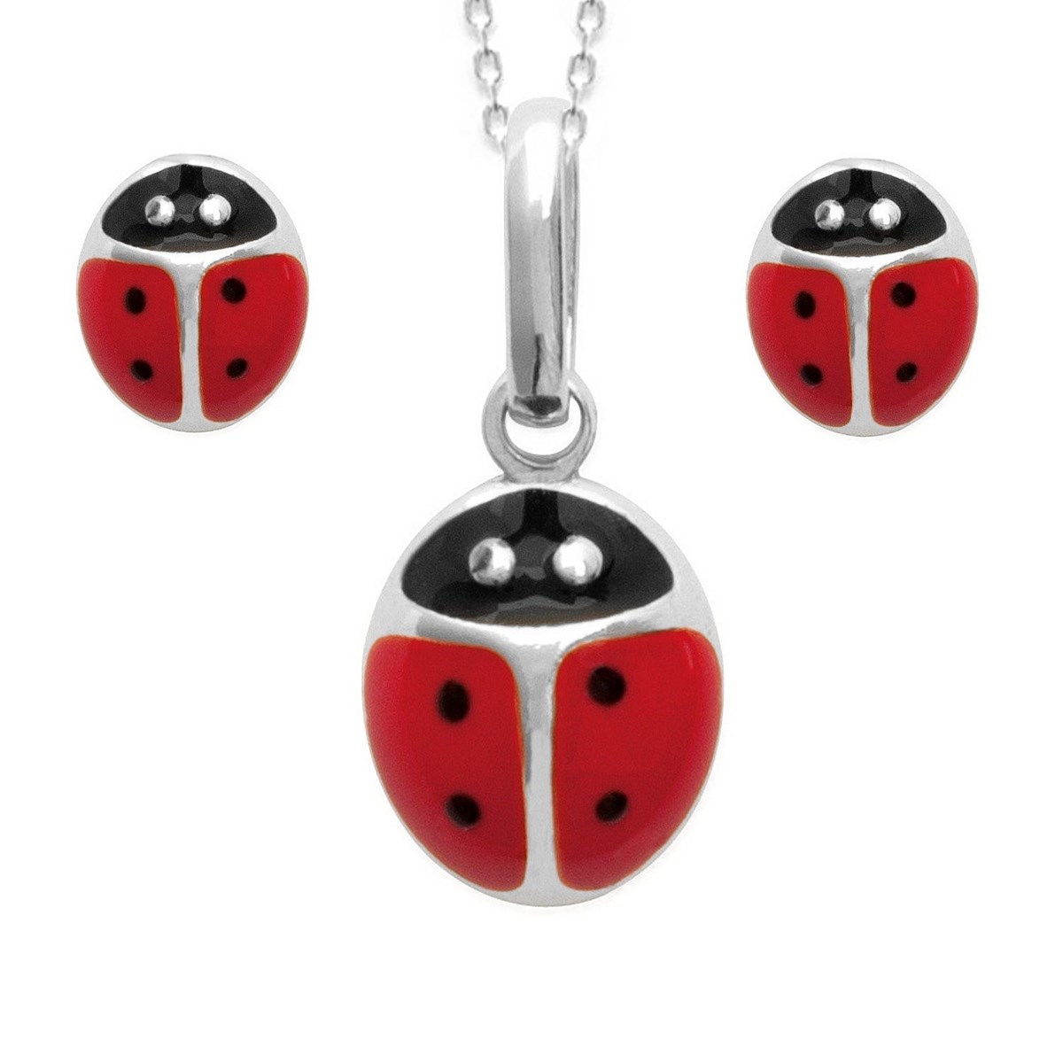 Parure coccinelle émail rouge et noir Argent 925 Rhodié