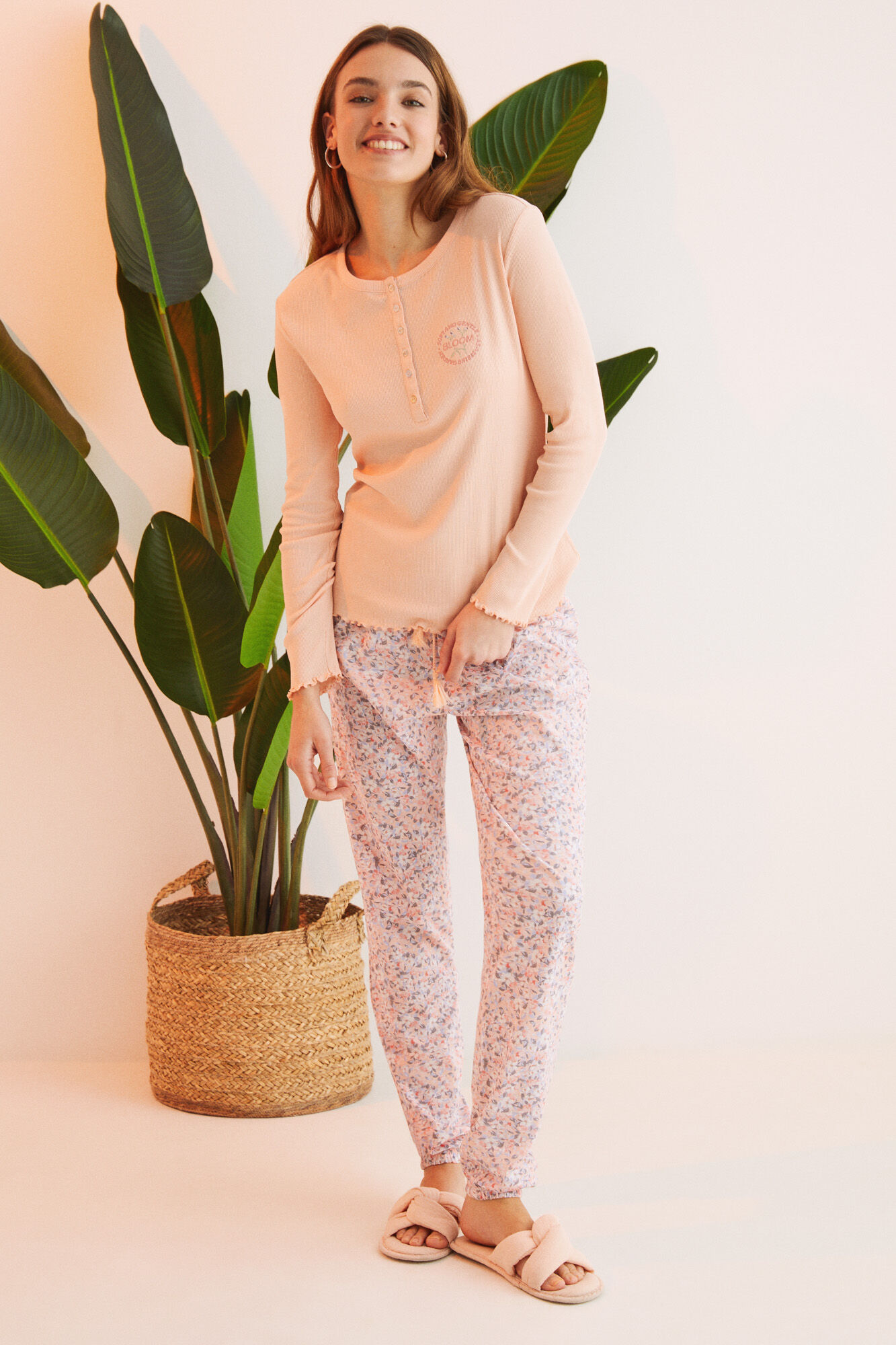 Pijama floral laranja 100% algodão - laranja