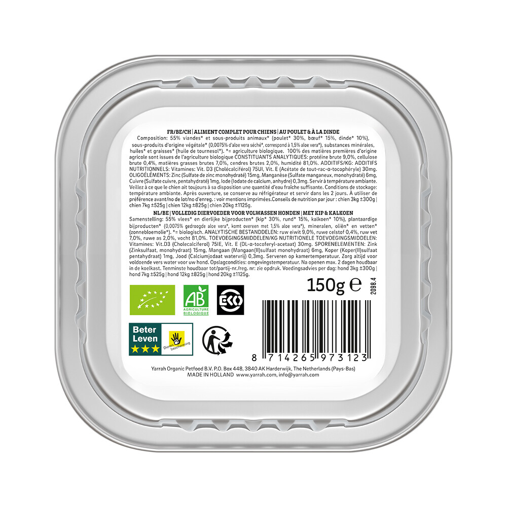12x Yarrah Bio Hondenvoer Paté Kip & Kalkoen150 gr