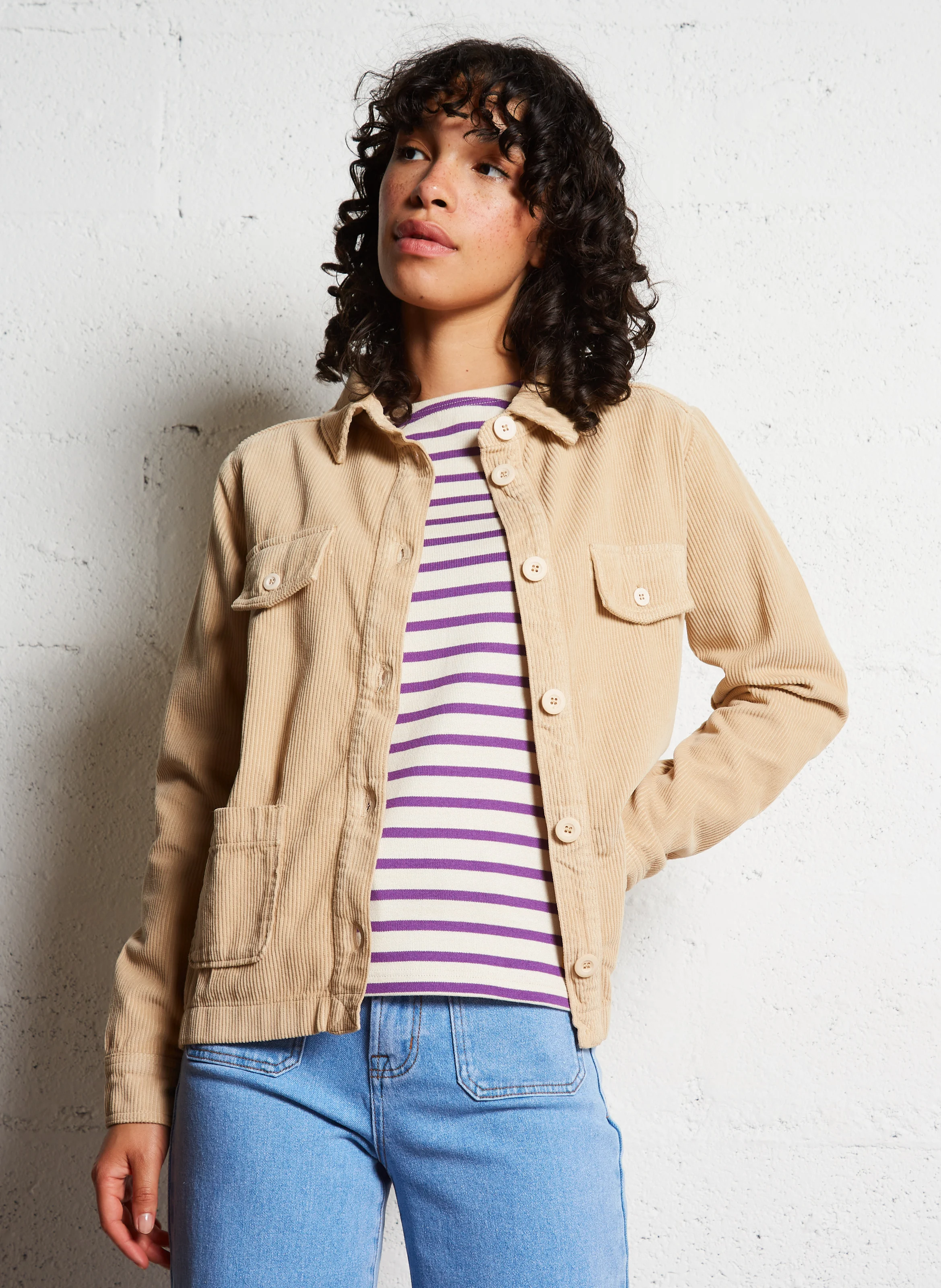 Veste droite col classique en coton | Beige
