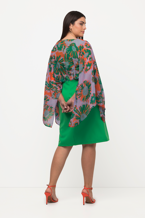 Midikleid, Chiffon-Büste, Blätter, V-Ausschnitt, Langarm