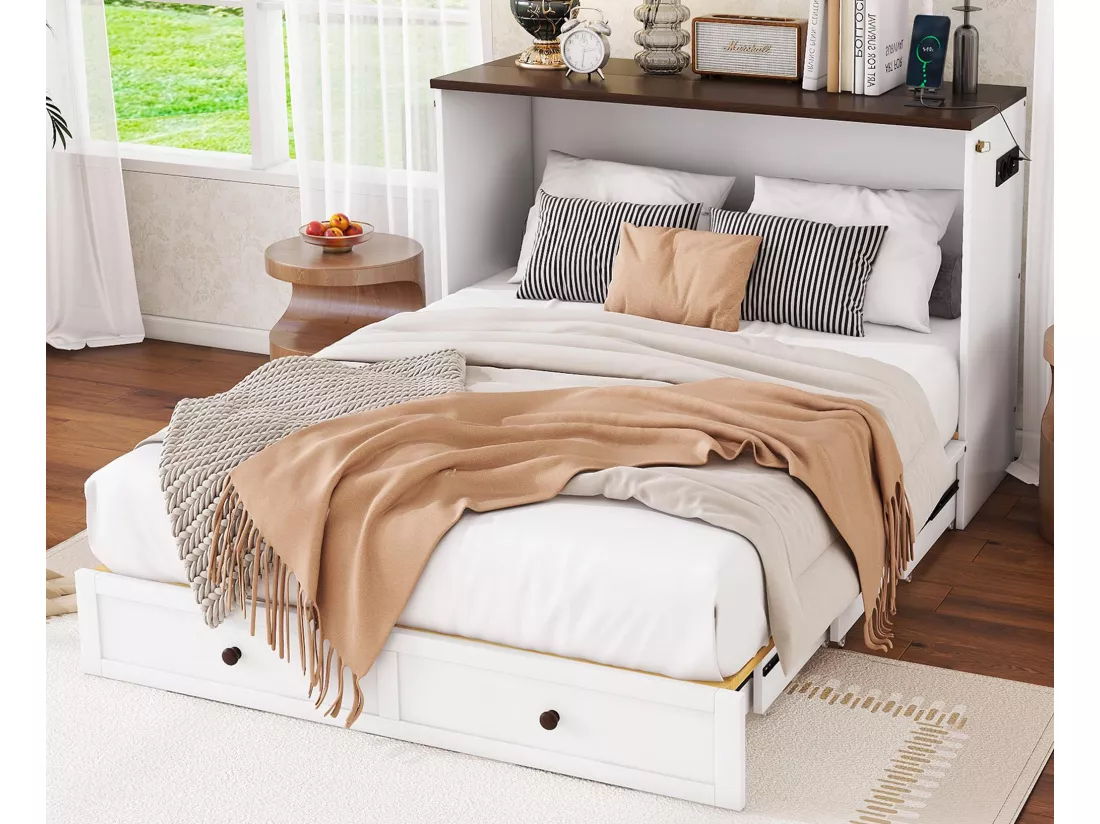 Lit escamotable 140x200 cm en bois - avec prises USB et rangements - Blanc
