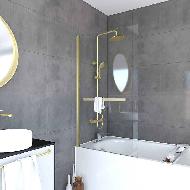 Pare-baignoire pivotant 150 x 85 cm, profilés alu doré brossé, porte-serviette, Galedo Prime