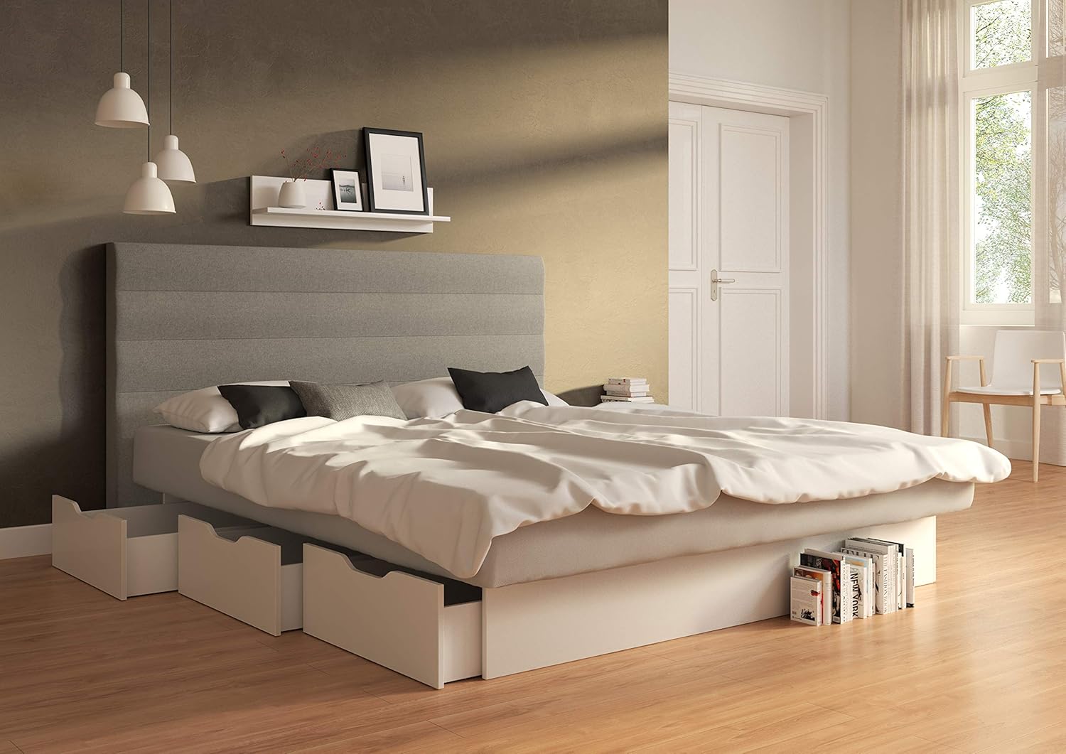 SuMa - Wasserbett komplett 180x220 dual mit 6 Schubkästen für viel Stauraum und Kopfteil Largo, Farbe lightgrey 180x220 cm in 11 Farben