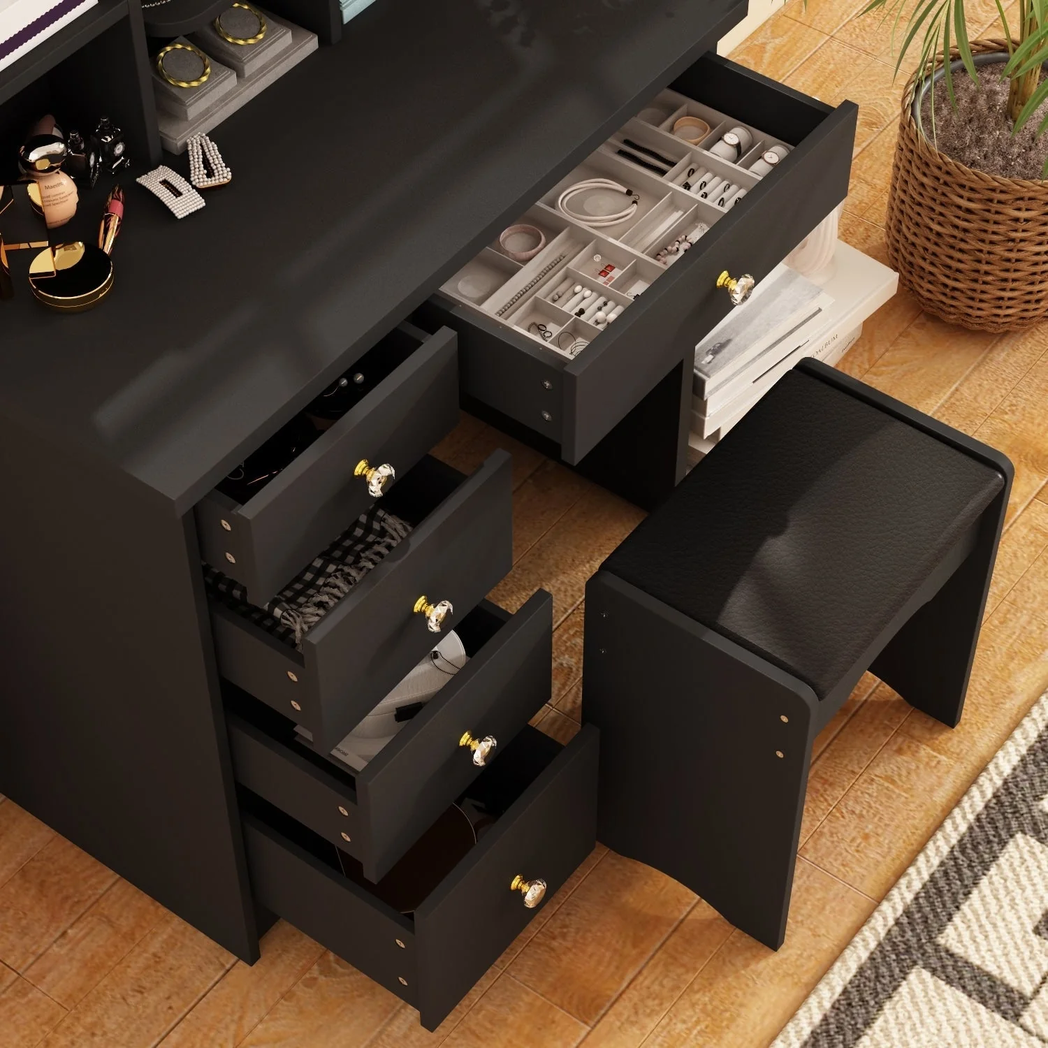 Makeup Vanity Set Table With LED Light &Mirror & Stool