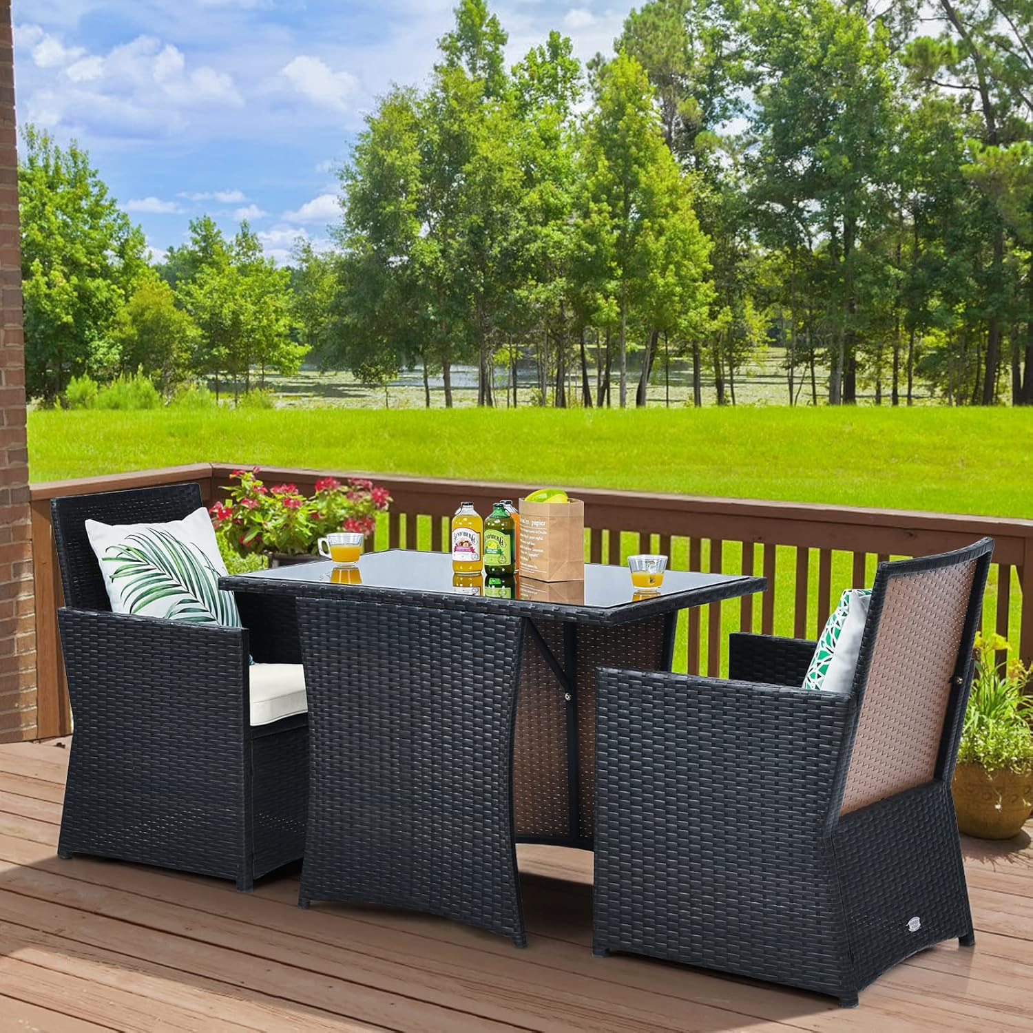 COSTWAY 3tlg. Polyrattan Gartenmöbel Set, 2 Sessel und 1 Beistelltisch mit Glasplatte, Rattanmöbel Platzsparend, Gartenlounge Gartengarnitur Sitzgruppe, Sitzgarnitur Gartenset inkl. Sitzkissen
