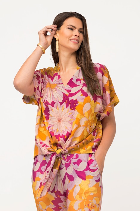Tunika, Blüten, Oversized, V-Ausschnitt, Halbarm