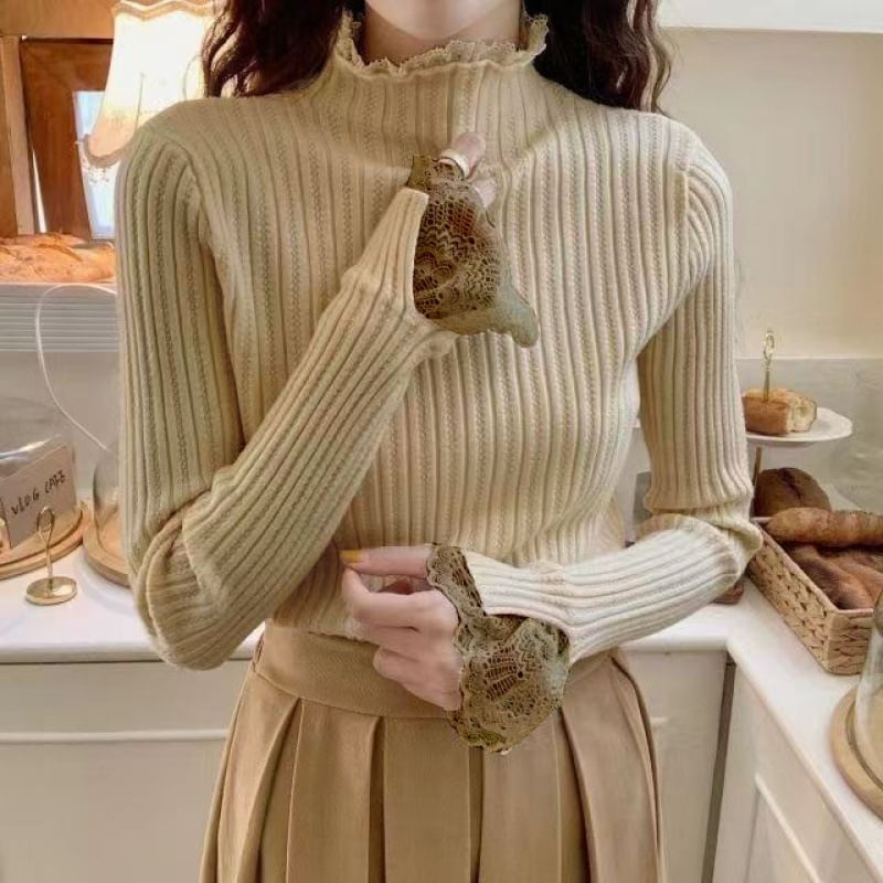 Onipixiy - Top met lange mouwen, geribbelde gebreide top met effen kant en een mockneck