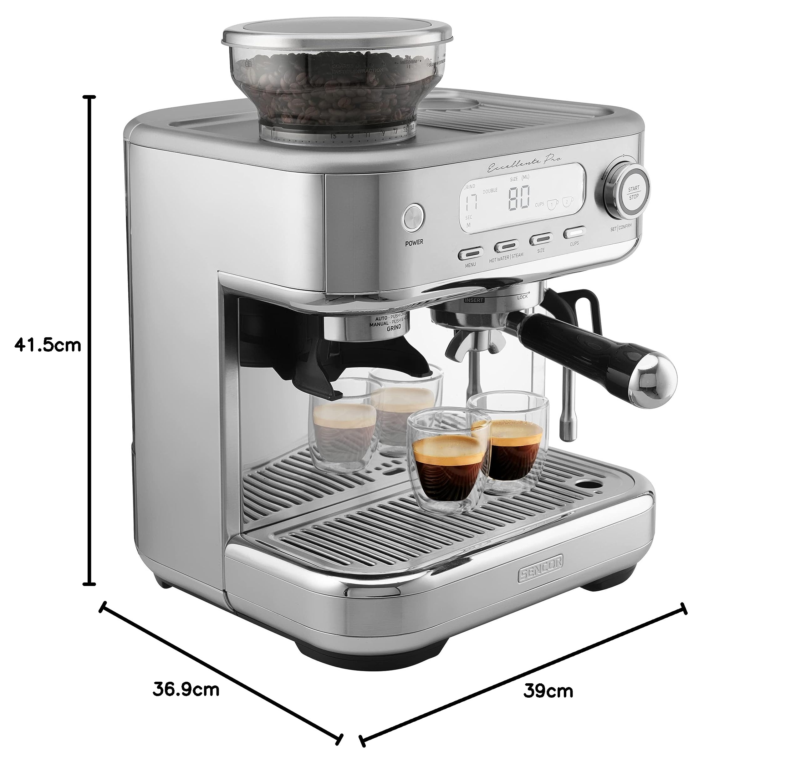 SENCOR Machine Expresso, Mousseur à lait, Broyeur Café à Grain, Ecran LCD, Caftière Espresso, Cappuccino, Expresso avec Broyeur Barista Express, Excel