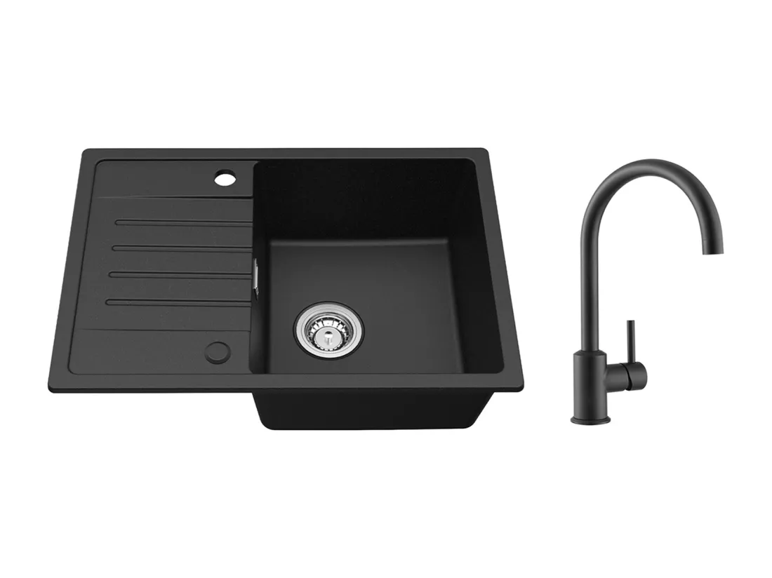 Noir Evier à Encastrer 1 Bac avec Egouttoir, Quartz et Résine, 65x45cm + Mitigeur de Cuisine en Inox Noir