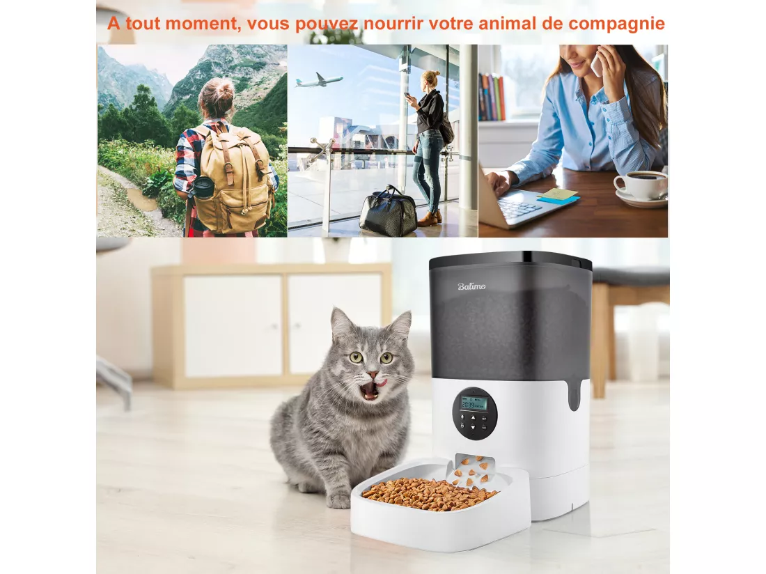 LCD Distributeur Croquettes 4L Balimo Chats/Chiens Distributeur Automatique de Nourriture Programmable 4 Repas/Jour Enregistreur 10s Vocal,Noir Blanc