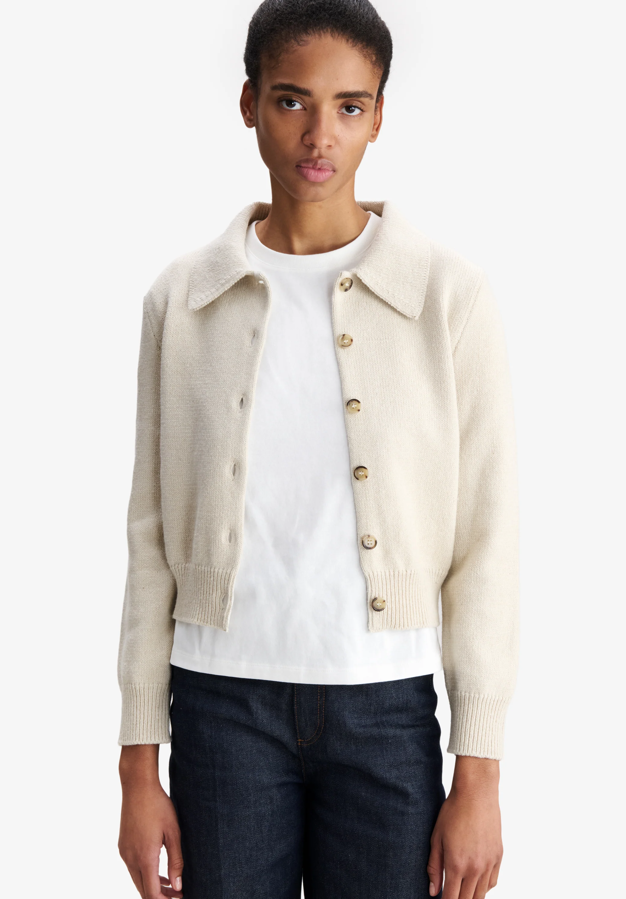 Cardigan à col en laine grise - Mastic