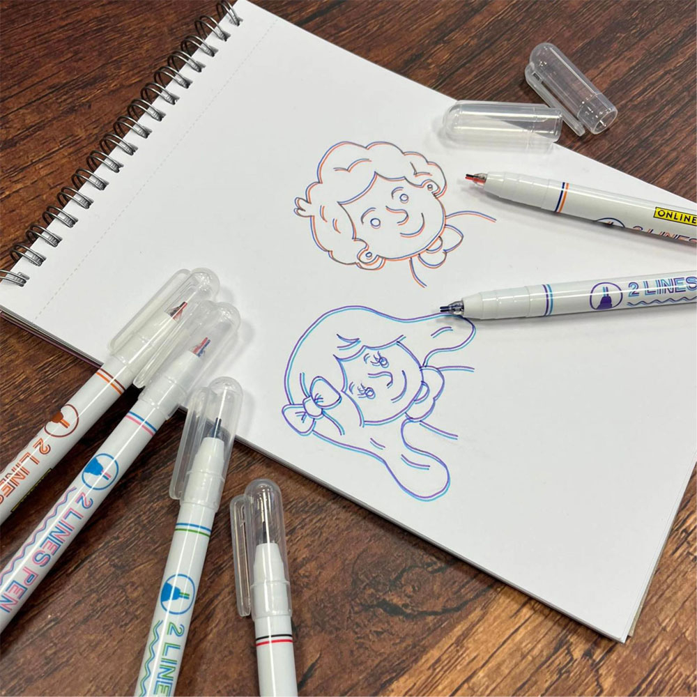 (6er Set) 2 Lines Pen Fineliner mit Doppelspitze Handlettering Mal Stifte (18617) - Bunt