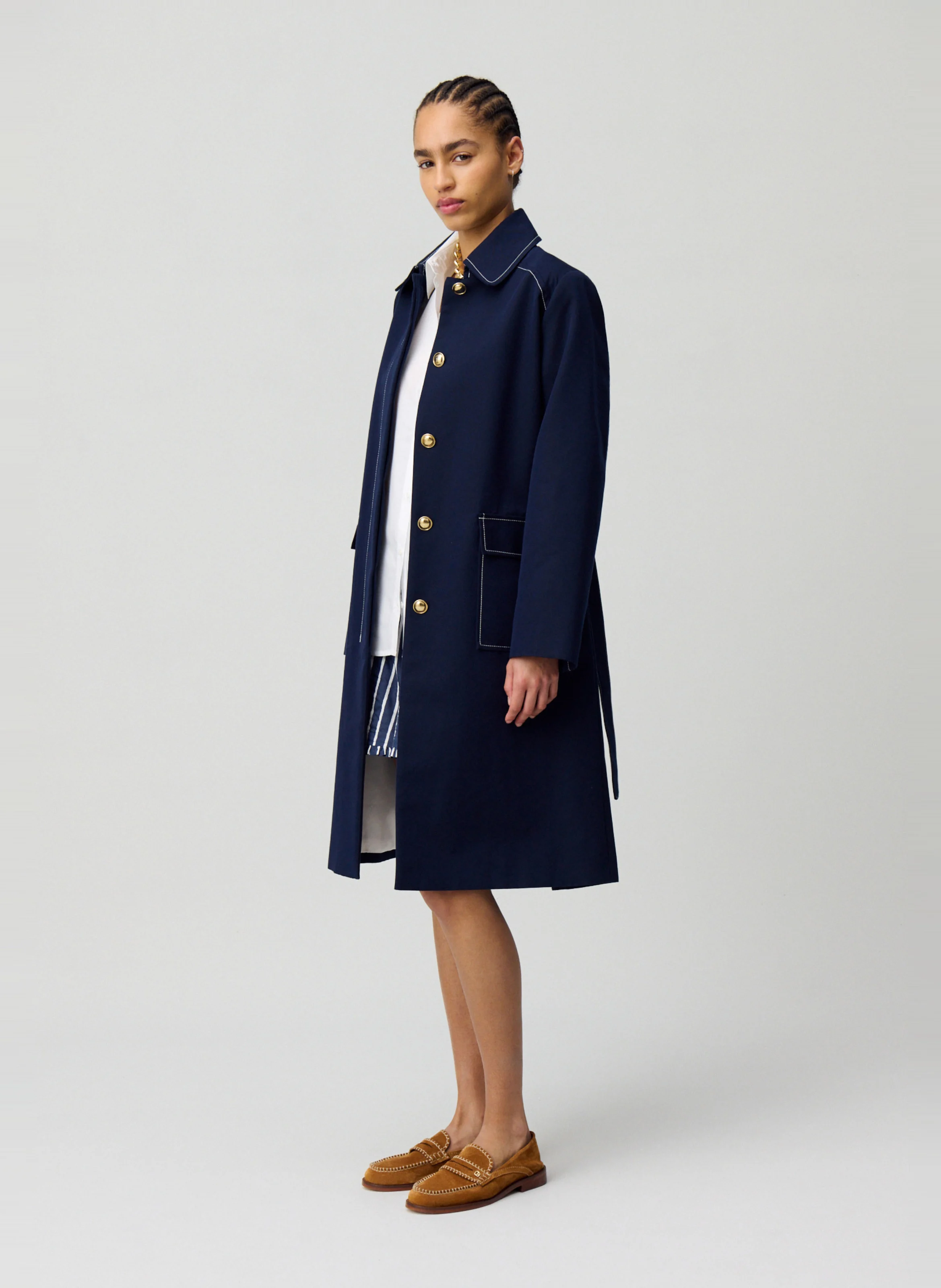 Trench mi-long ceinturé en coton mélangé | Bleu