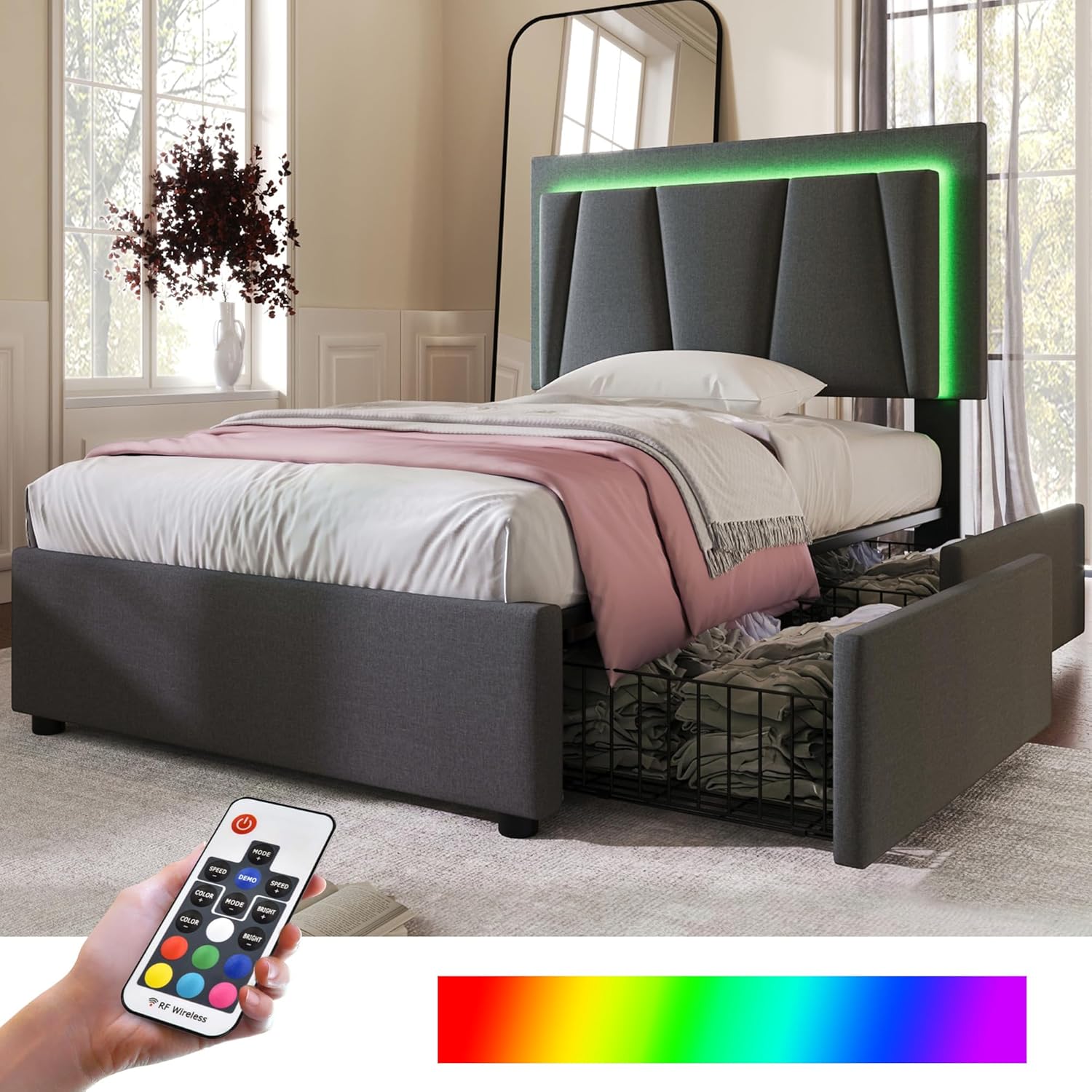 Kehun Polsterbett 90x200 cm, Einzelbett mit LED-Kopfteil, Stauraumbett 2 Stauraum Schubladen,Lattenrost aus Holz, Modern Bett Bettgestell aus Metallrahmen, Leinen, Grau, Ohne Matratze