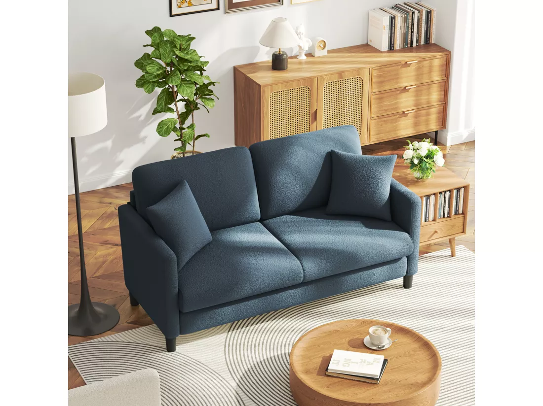 Canapé 2/3 Places en Velours Teddy,Canapé Droit Confort en Bois Massif,Loveseat avec Accoudoirs,165x78x89cm,Bleu-Gris