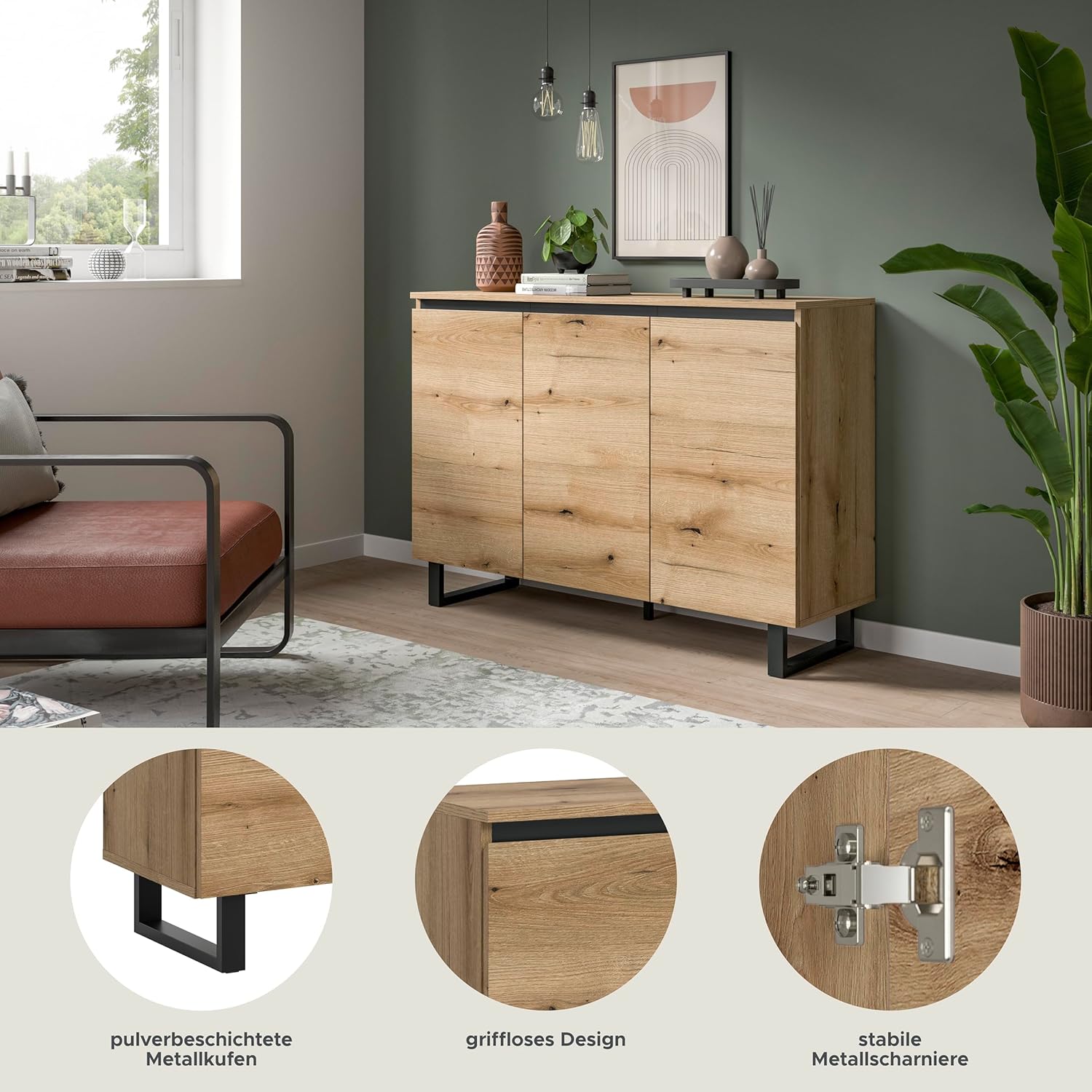 xonox.home – Sideboard Tomasa 120x84x36 cm in Evoke Oak Nachbildung und Schwarz – Natürlich wirkendes Sideboard im modernen Design – wohnlich, funktional & vielseitig einsetzbar