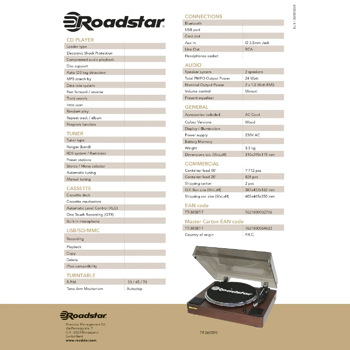 Roadstar TT-260SPK Bois
