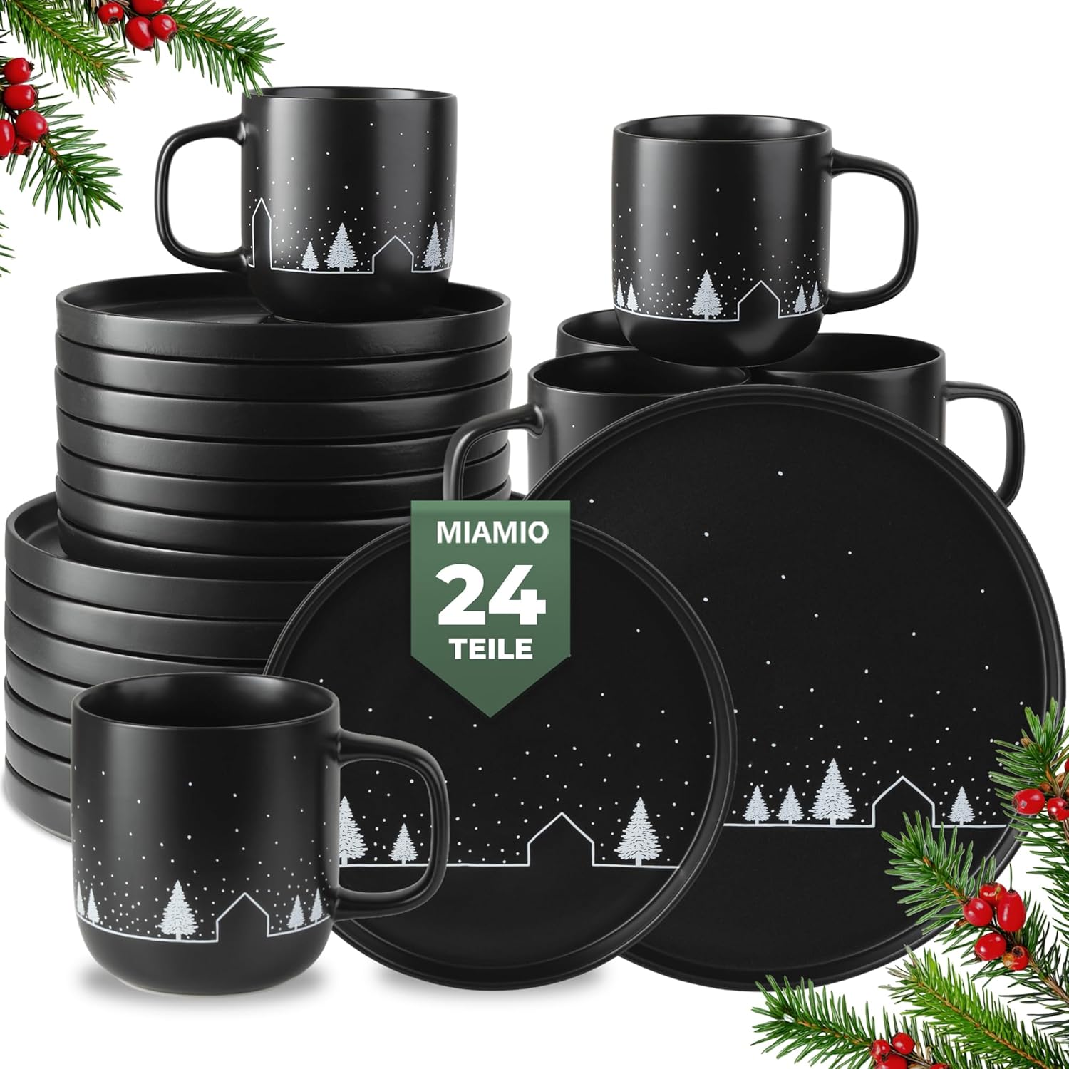 MIAMIO – Weihnachtsgeschirr 8 Personen / 24-teiliges Keramik Geschirrset schwarz matt für Weihnachten Winter – Schneelandschaft Motiv/Mikrowellen- und Spülmaschinengeeignet – Vinter Kollektion