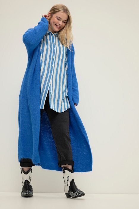Long-Strickjacke, oversized, offene Form, Langarm