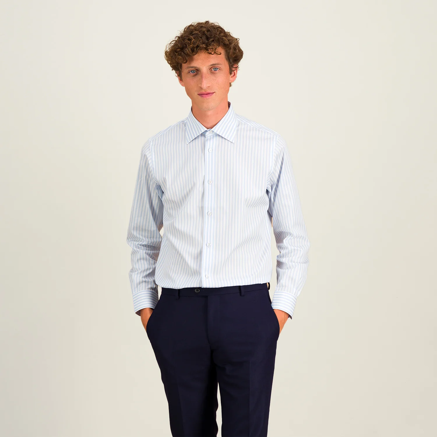 Double-twisted poplin shirt with sky blue and white stripes