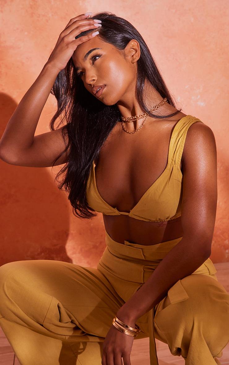 Moutarde Brassière Micro Triangle Aspect Lin À Nouer Dans Le Dos