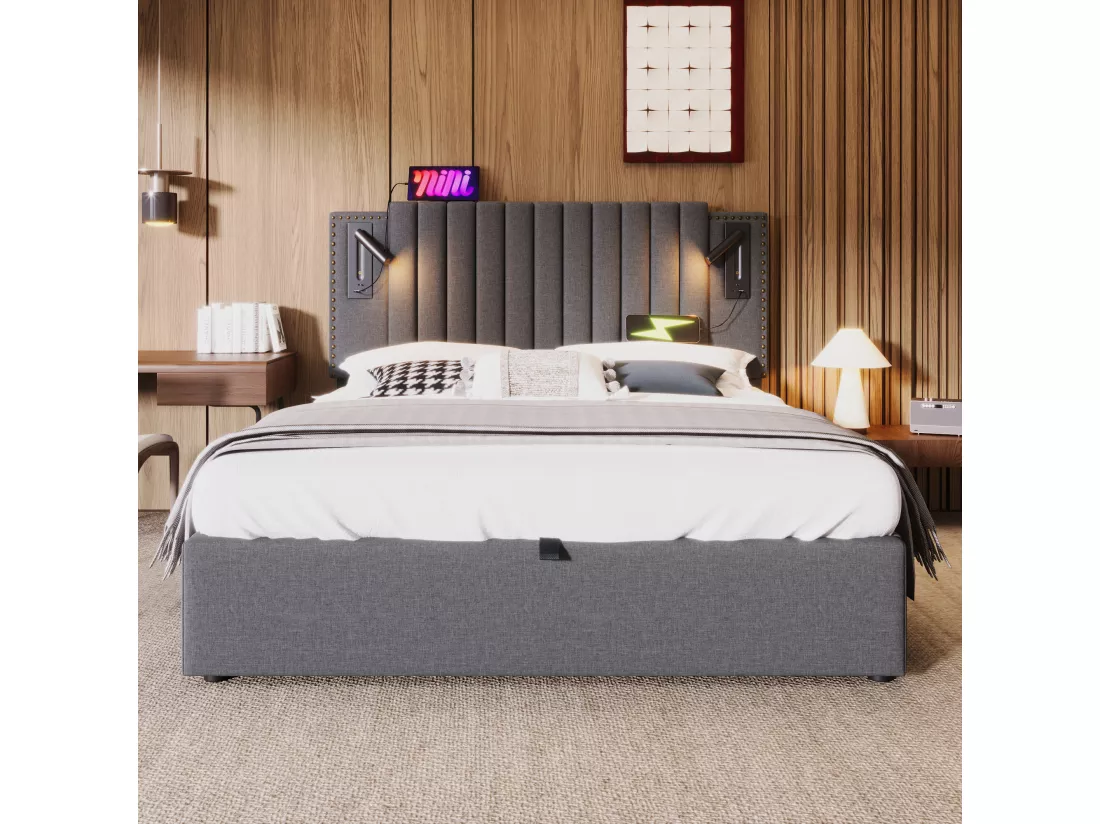 Lit coffre 160 x 200 cm avec tête de lit - Prises USB et lampe de lecture - Tissu en coton - motif rivet - Gris (sans matelas)