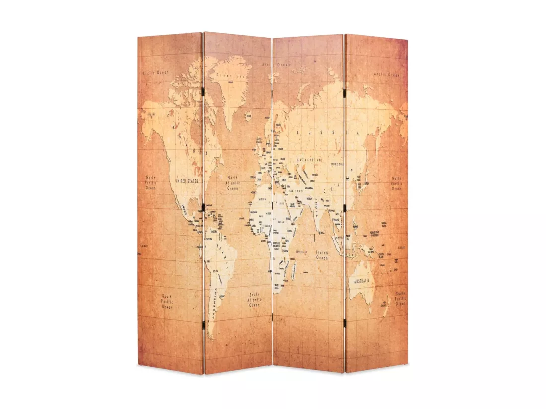 Cloison de séparation pliable 160 x 170 cm Carte du monde Jaune