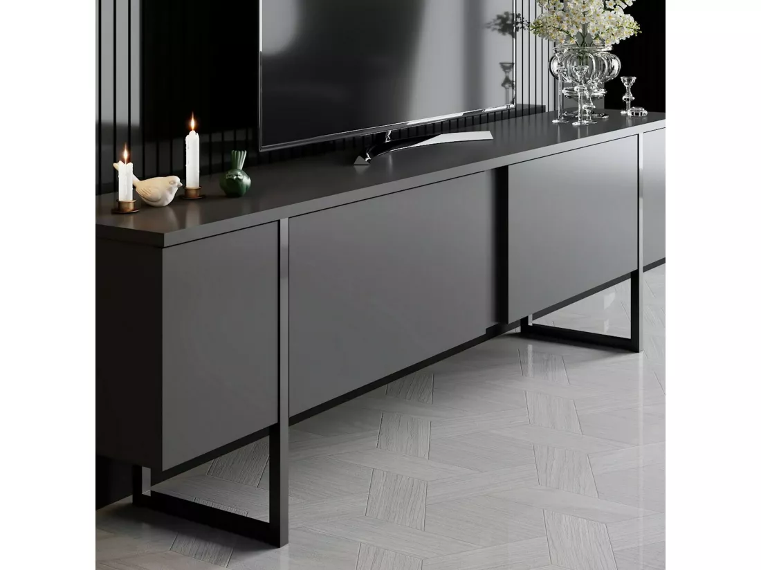 Meuble TV Centaurus, Buffet de salon, Armoire basse pour TV, Base murale de rangement, 180x30h50 cm, Anthracite et Noir
